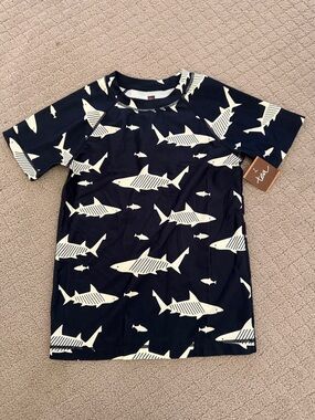 NWT Tea Collection Navy and Cream Shark Print Kids Rash Guard